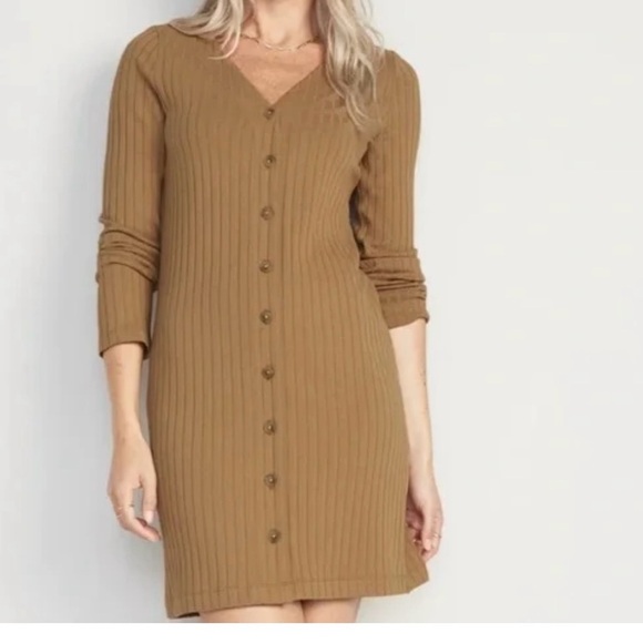 Old Navy Tan Ribbed Buttoned Long Sleeve Dress - Picture 1 of 5